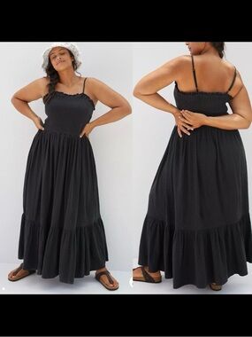 Anthropologie Smocked Flounced Maxi Dress Ruffle Hem Black Boho Bohemian Coastal